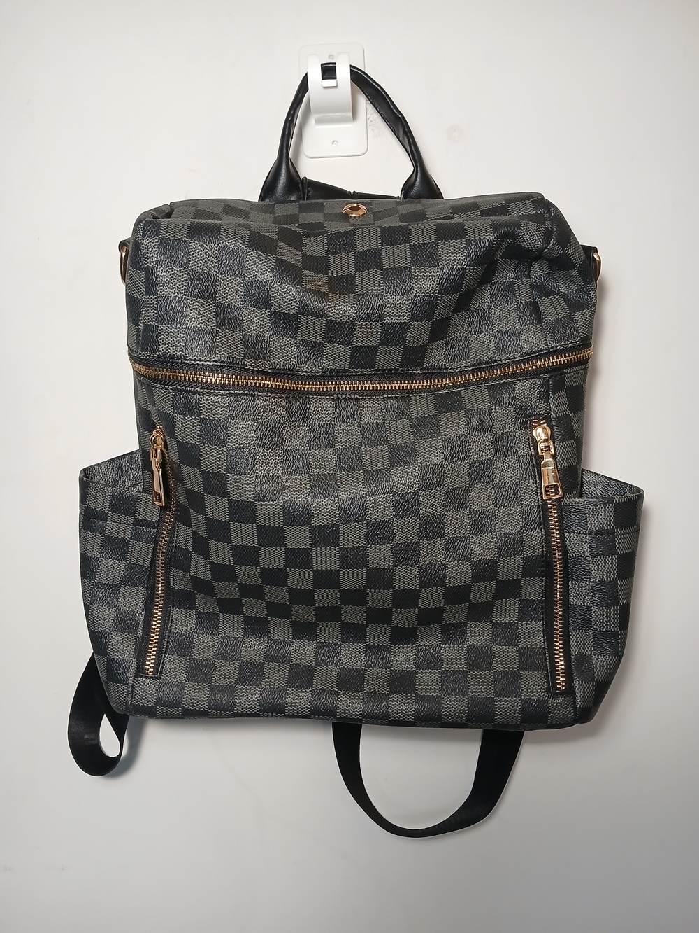 Women's Faux Leather Checkerboard Black/Gray Backpack with Gold Hardware